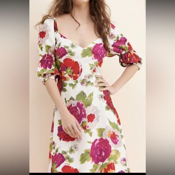 Anthropologie La Maison Talulah Womens M/L Floral Puff Sleeve Corset Midi Dress - Picture 5 of 14